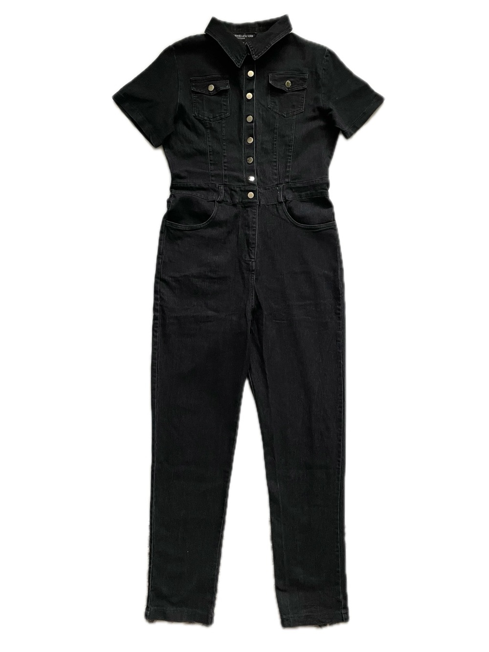 Black Short-Sleeve Denim Jumpsuit. Size M